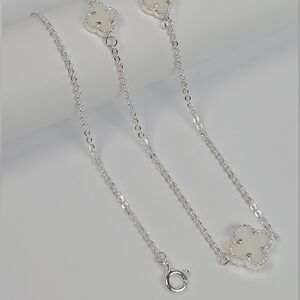 Van Cleef Insp. 5 Clover White Necklace Large Center Flower 925 Silver 50-55cm